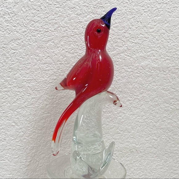 Vintage 9” Red Cardinal Bird on a Clear Branch Murano Style Art Glass Decor - Picture 8 of 13